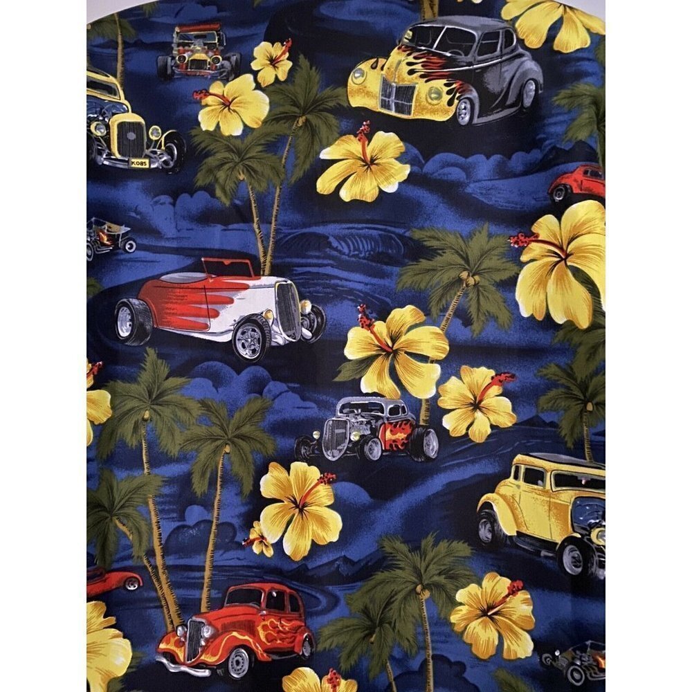 Ferugini Blue Hawaiian Floral Classic Hot Rod Cars Button Front Shirt 2XL XXL - Picture 5 of 6